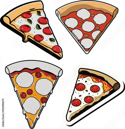 Minimalist frozen pizza slice vector sticker, bold black thick clean outline, pure white background, isolated object