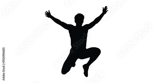 A dynamic black silhouette of a person jumping with arms raised in a victorious pose a striking silhouette high quality professional