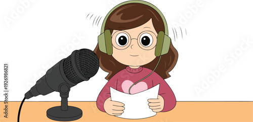 A digital illustration of a podcast setup with a young caucasian girl wearing a burgundy sweater and olive green headphones.