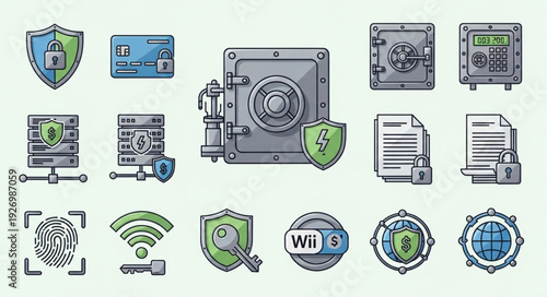 Security and data protection icons representing digital safety and information privacy.