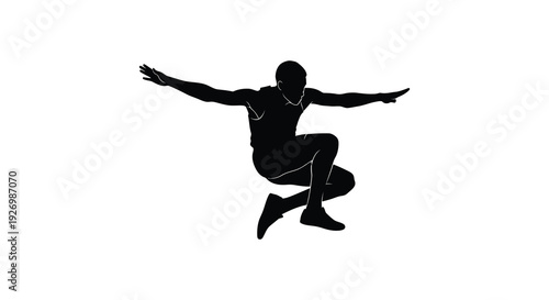 A dynamic black silhouette of a man in a crouching leaping pose arms outstretched capturing athletic motion silhouette high quality professional