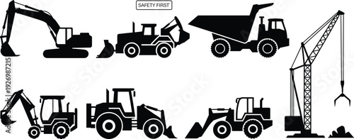 Heavy Construction Machinery Silhouettes Men Grooming Beard Icons Minimalist Potted Houseplant Line Art and Vintage Floral Teacup Vector Collection for Creative Graphic Design Projects