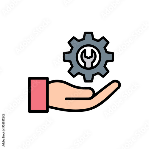 A hand holding a gear with a wrench symbol, representing maintenance and repair services.