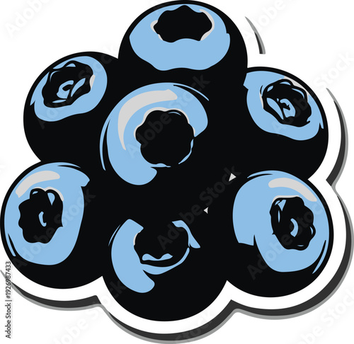 Minimalist frozen blueberry cluster vector sticker, bold black thick clean outline, pure white background, isolated object 1