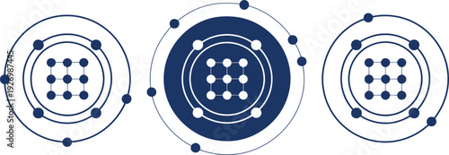 Three abstract dark blue atomic structures on white background