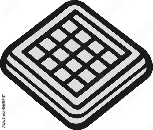 Minimalist frozen waffle square vector sticker, bold black thick clean outline, pure white background, isolated object 3