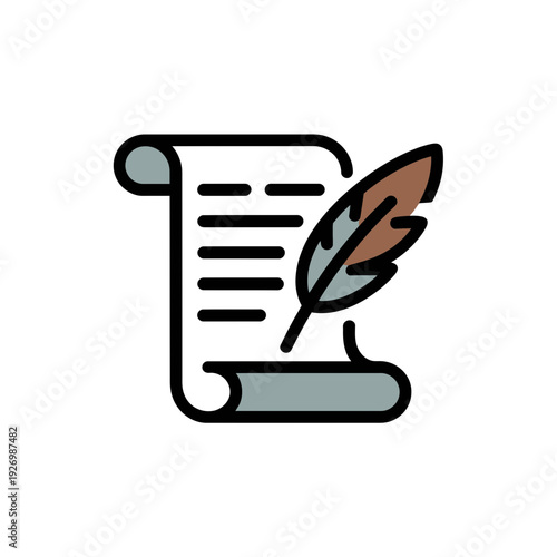 A minimalist vector graphic of a scroll with a feather quill pen, symbolizing writing and literature.