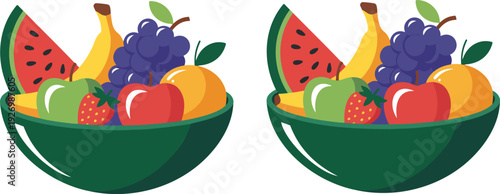 A flat, minimalist illustration of a green ceramic bowl filled with fresh fruits against a white background.