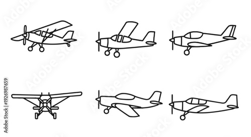 Historical progression of early monoplane and biplane aircraft designs from 1900s to 1930s isolated on transparent background, Vector