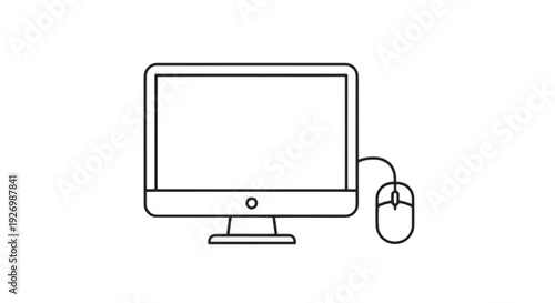 Minimalist line drawing of a computer monitor with a connected mouse isolated on transparent background, Vector