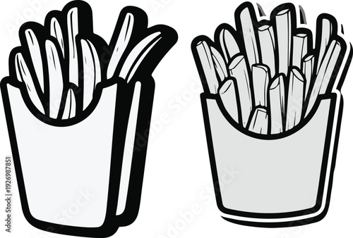 Minimalist frozen french fries portion vector sticker, bold black thick clean outline, pure white background, isolated object 1