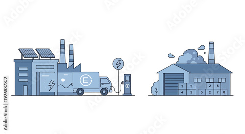 Sustainable Industry & Electric Logistics: Modern Factory with Solar Panels, EV Charging vs. Traditional Polluting Plant