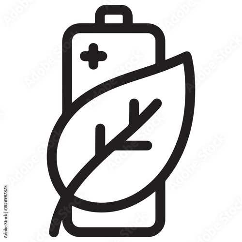Minimalist black line icon of a battery with a leaf representing eco-friendly energy solutions, sustainable power technology, and environmental conservation concepts for clean green future.