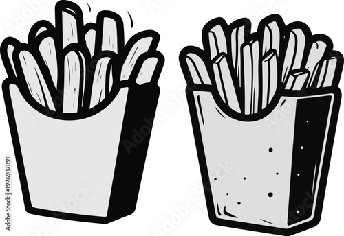  Minimalist frozen french fries portion vector sticker, bold black thick clean outline, pure white background, isolated object