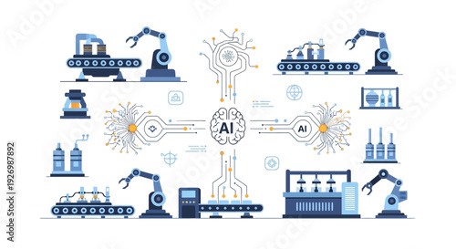 Artificial Intelligence in Smart Manufacturing and Industrial Automation, Featuring Robotics and Production Lines. Industry 4.0 Concept.