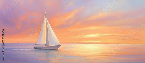 Sailing Boat at Sunset: Serene Ocean Painting with Pastel Sky