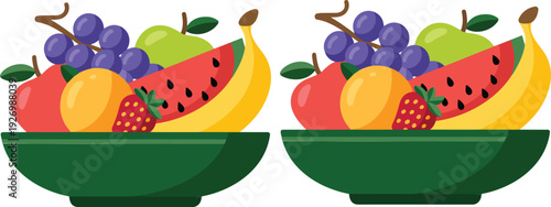 A flat, minimalist illustration of a green ceramic bowl filled with fresh fruits against a white background.