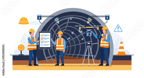 Engineers Using Drones and Digital Checklists for Modern Tunnel Construction Inspection and Infrastructure Monitoring