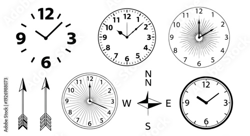 A collection of analog clocks showcasing various styles and designs isolated on transparent background, Vector