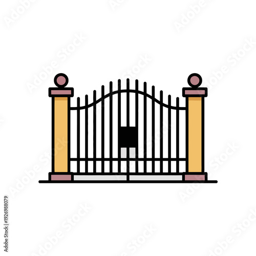 A minimalist vector graphic illustration of a closed iron gate with decorative pillars and round finials