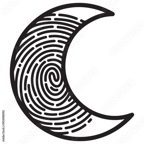 Minimalist black and white crescent moon illustration featuring a detailed fingerprint pattern inside, symbolizing personal identity and cosmic connection in a clean graphic style for modern branding.