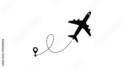 A minimalist depiction of an airplane in flight with a dotted path and location pin a silhouette high quality professional detailed