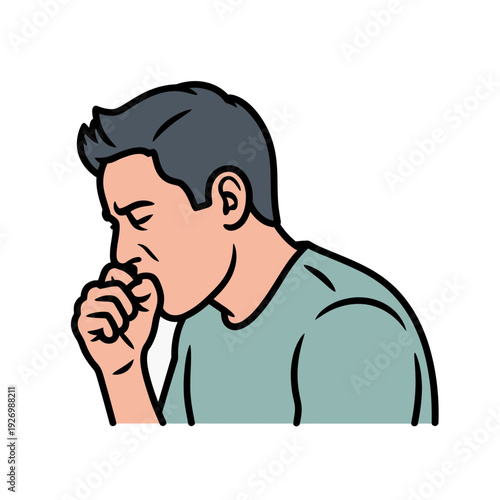 A man coughing into his hand in a vector graphic illustration