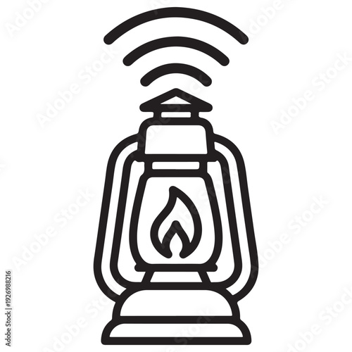 Minimalist line art icon of a vintage kerosene lantern with digital signal waves representing smart technology integration and wireless connectivity for IoT and modern lighting concepts.