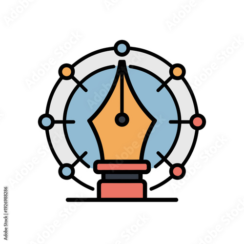 A minimalist vector graphic of a fountain pen nib surrounded by a circular molecular structure, symbolizing creativity and innovation in writing and design.