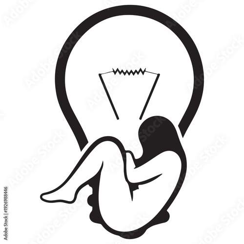 Minimalist silhouette of a woman curled in a fetal position inside a light bulb, representing the birth of an idea, creative inspiration, and human potential in a stark black and white vector.