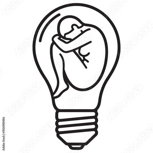 Minimalist line art illustration of a human figure in fetal position curled up inside a light bulb, representing the birth of an idea, mental health, or creative confinement, clean vector icon.