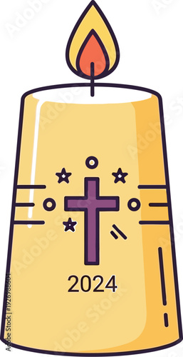 A lit yellow candle adorned with a cross and stars for a religious occasion