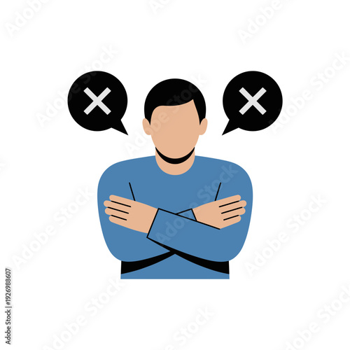 A man with his arms crossed and two speech bubbles with a crossed out symbol above his head, indicating disagreement or refusal.