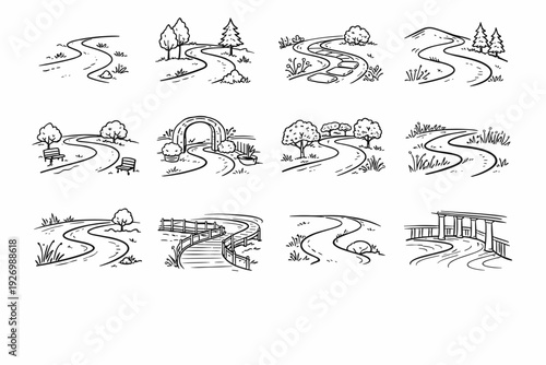 Generation meander hillside boardwalk arc vector glide line stroll garden icon image