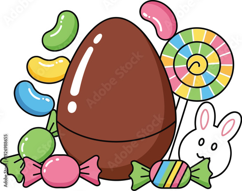 Chocolate easter egg surrounded by colorful candies and a cute bunny cartoon illustration