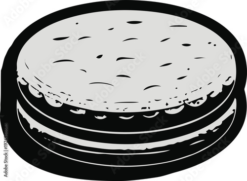 Minimalist frozen meat patty vector sticker, bold black thick clean outline, pure white background, isolated object