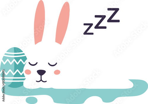 Adorable cartoon bunny sleeps peacefully beside a decorative easter egg on a pastel background