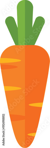 Vibrant cartoon carrot standing upright with fresh green leaves on a white background