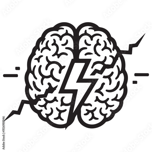 Human brain icon with a lightning bolt striking through the center, representing brainstorming, sudden inspiration, mental health crisis, or neurological electrical activity, minimalist line art.