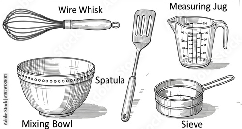 Detailed Vintage Line Art Illustration Set Featuring Kitchen Essentials Including Mixing Bowl Wire Whisk Spatula Sieve and Measuring Jug