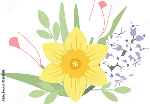 Beautiful bouquet of colorful flowers including tulips hyacinths and daffodils in vibrant colors