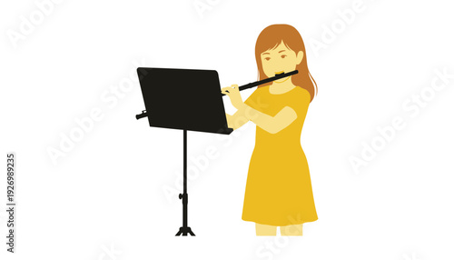 A cartoon girl playing a flute illustration with music stand