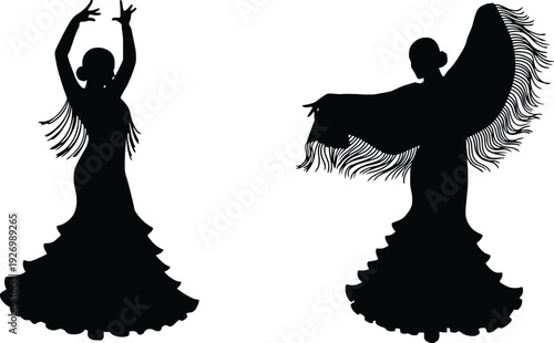 A flamenco dancer silhouette illustration in a traditional Spanish dress