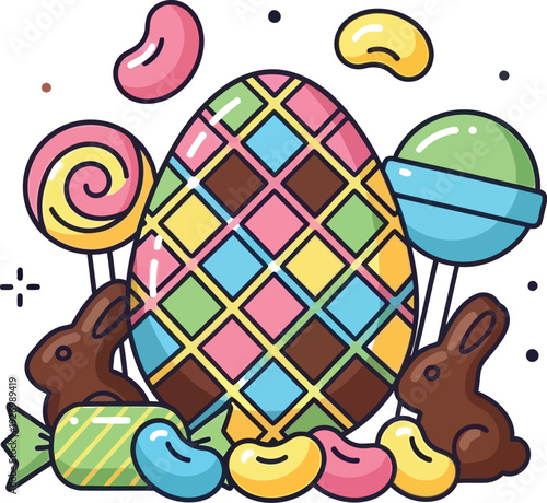 Colorful easter egg surrounded by chocolate bunnies and assorted candies on a white background