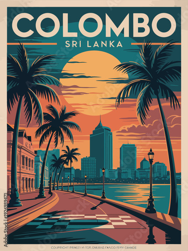 Colombo Travel Poster, Retro Sri Lanka Coastal City Scene with Palm Lined Promenade and Warm Sunset Colors