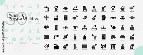Public And Private Utillities Solid Editable Icons set
