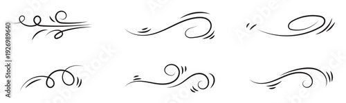 Wind swirl and wave line icon set with flowing curves representing air, motion, breeze, and abstract energy
