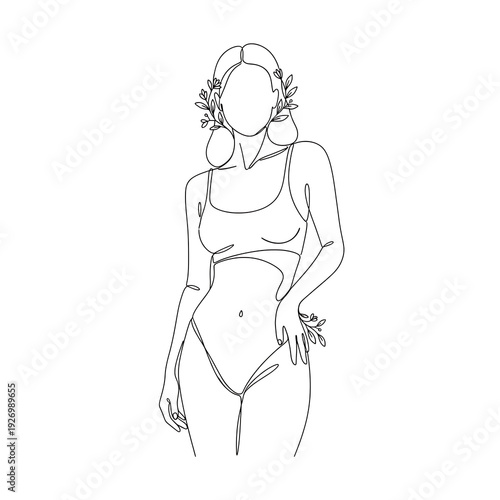 Minimalist Woman Body One Line Art Illustration, Female Figure with Flowers and Leaves, Aesthetic Botanical Line Drawing