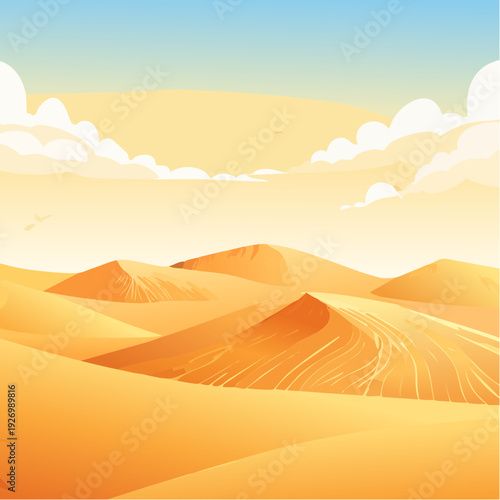 A serene journey across a vast golden desert with rolling sand dunes under a bright sunny sky