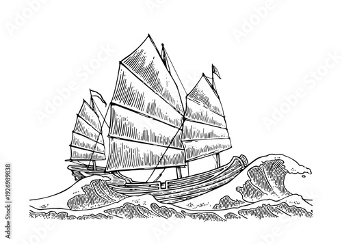 Junk floating in a stormy sea with big waves. Hand drawn design element sailing ship. Vintage vector monochrome engraving illustration for poster, label, postmark.